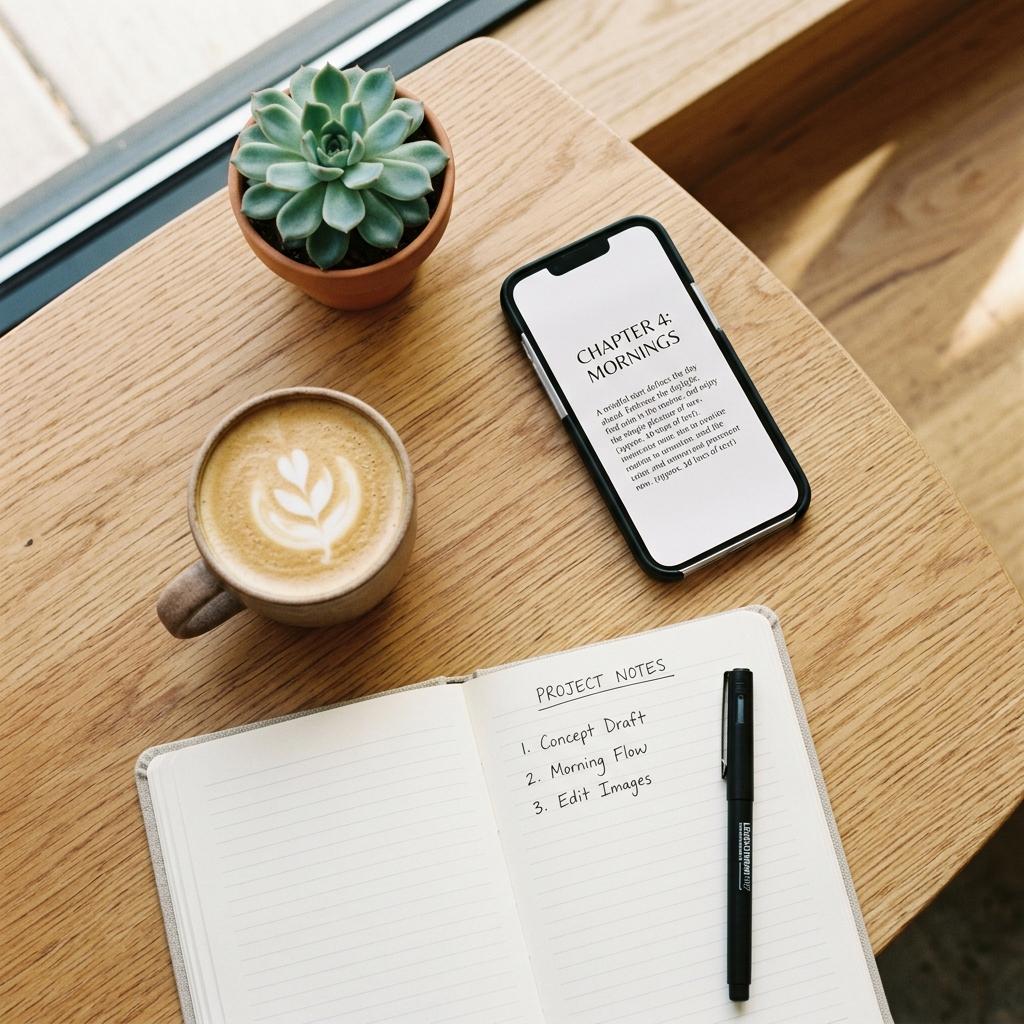 カフェでコーヒーを飲みながらノートやスマートフォンを開いて計画する風景